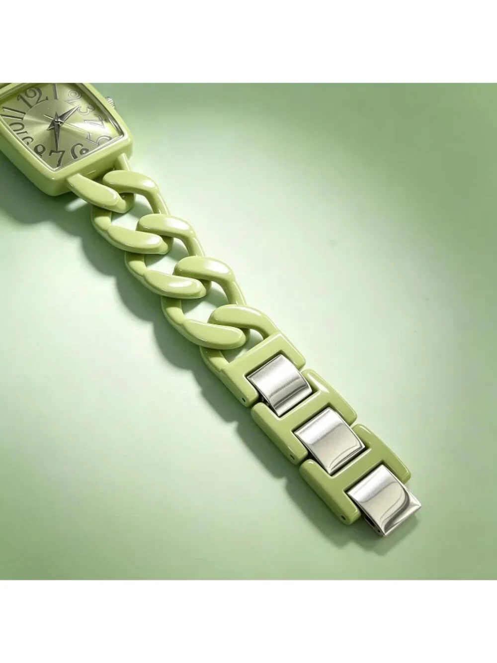 Women's Green Metal Chain Bracelet Small Wrist Square Face Analog Stylish Watch